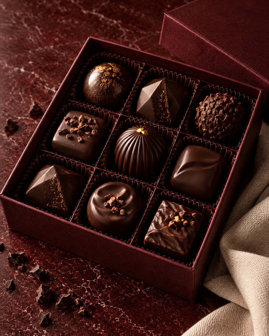 Neuf chocolats sombres dans un écrin