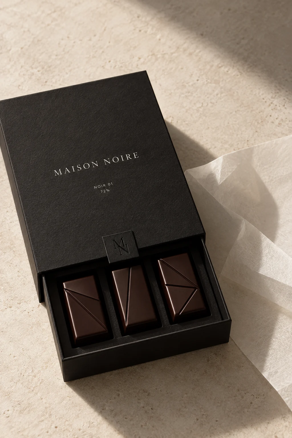 Écrin noir mat et chocolats sculpturaux