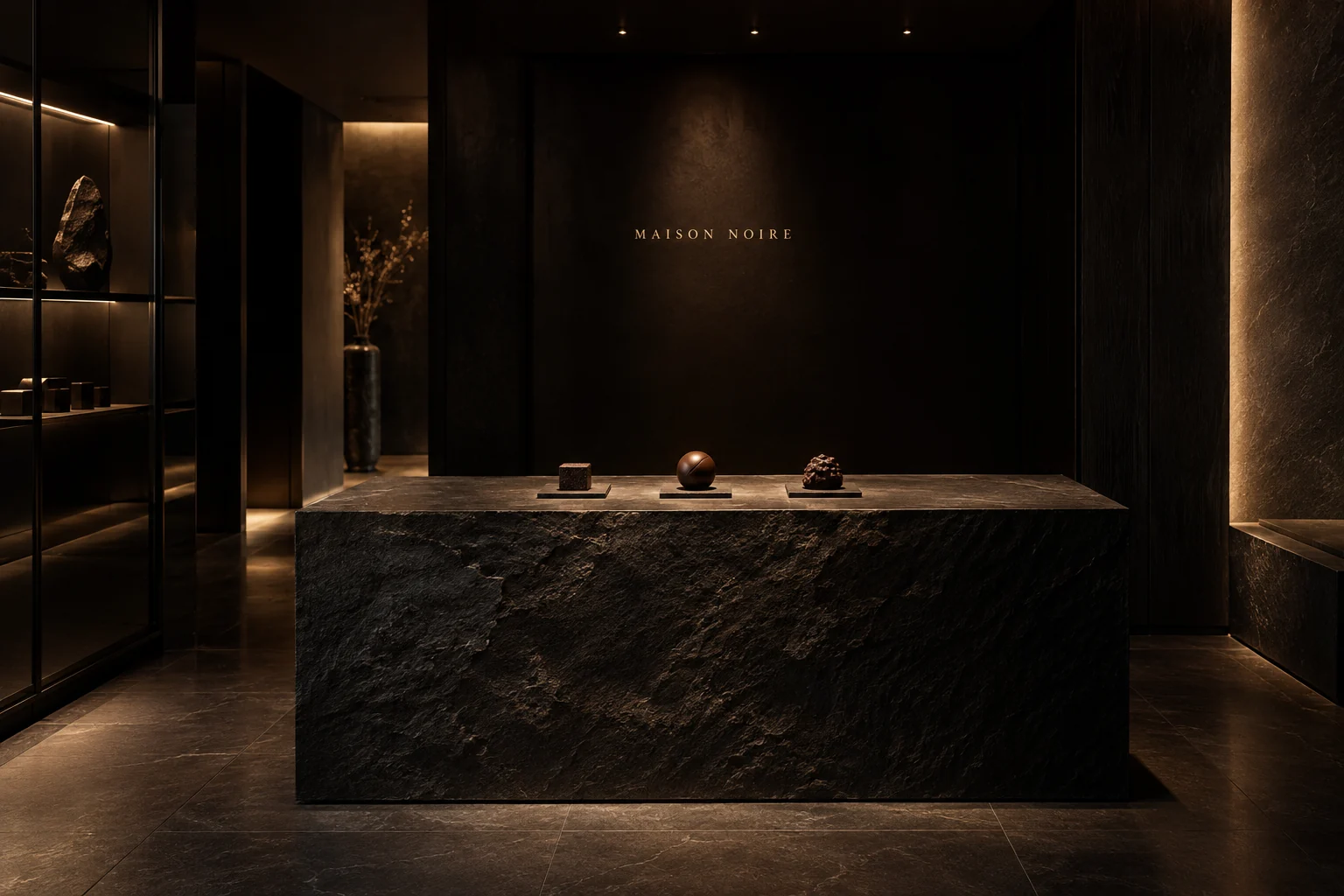 Concept de boutique Maison Noire en pierre sombre