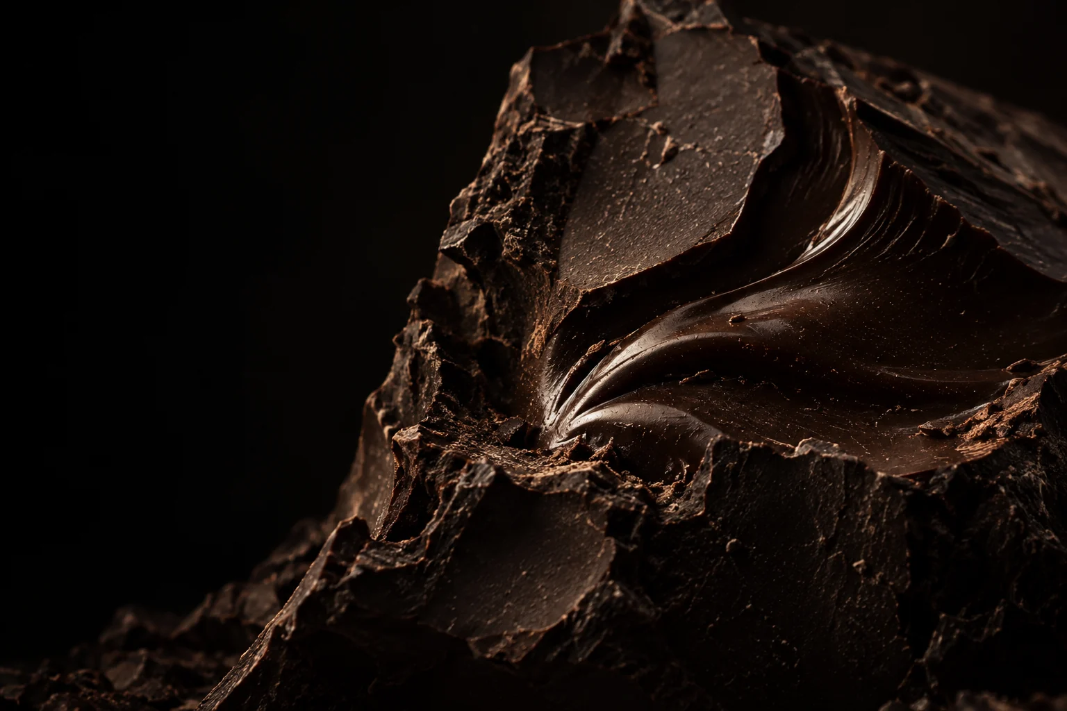 Paysage de chocolat noir, fracture mate et reflets de ganache