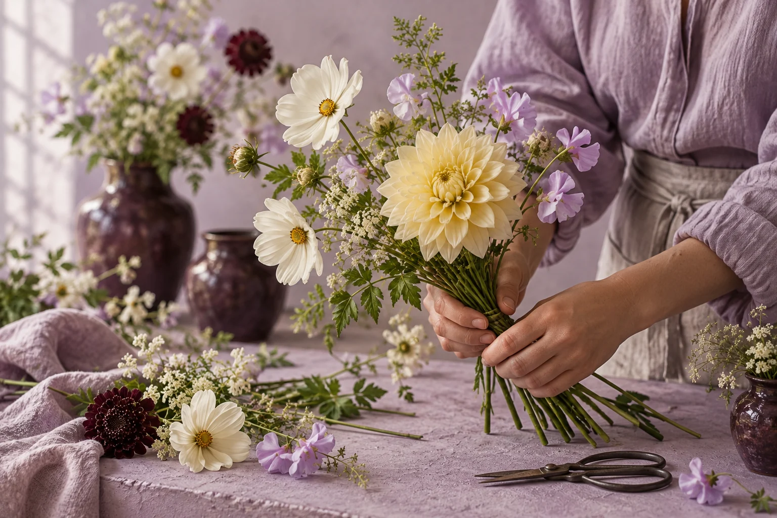 Mains composant et attachant des fleurs dans l’atelier