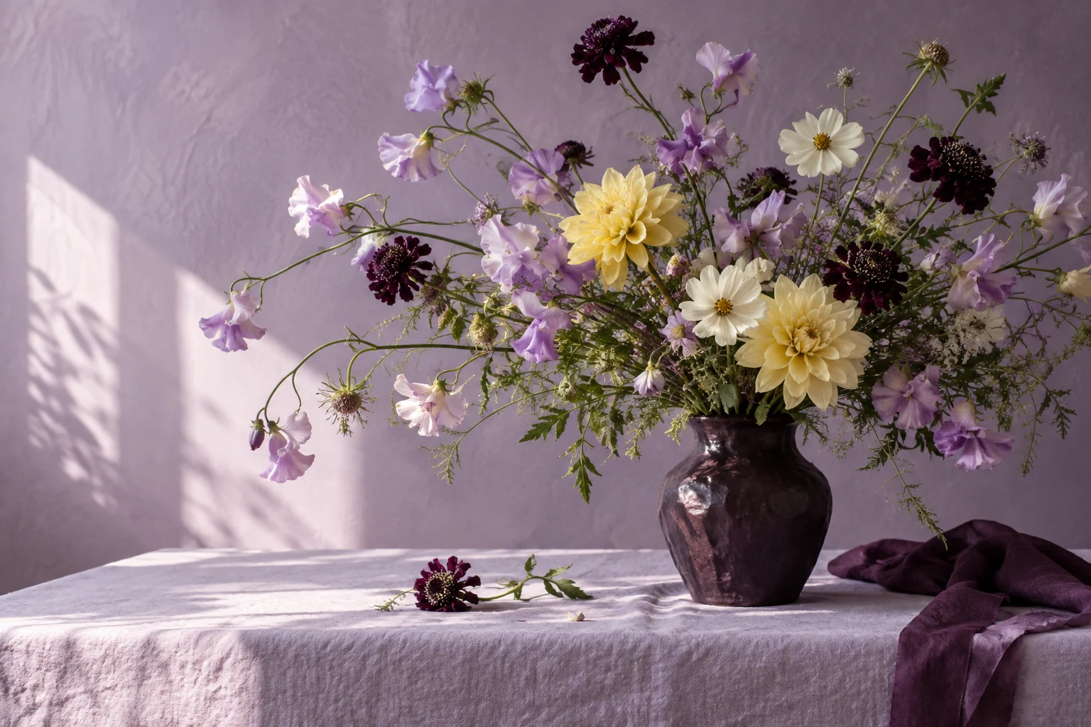 Composition aérienne de cosmos, dahlias et pois de senteur